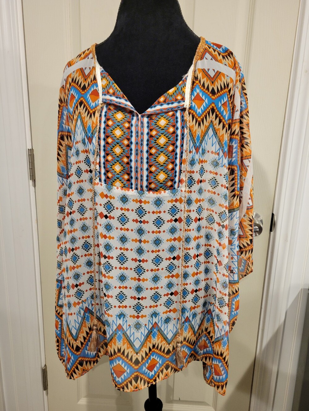 HANNAH Boho Aztec Geometric Kaftan Tunic Blouse Plus Size 2X Multicolor